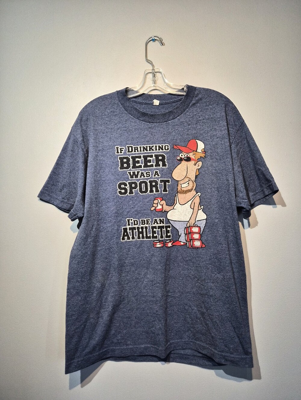 Vintage Drinking Beer Blue Graphic T-Shirt | Size XL